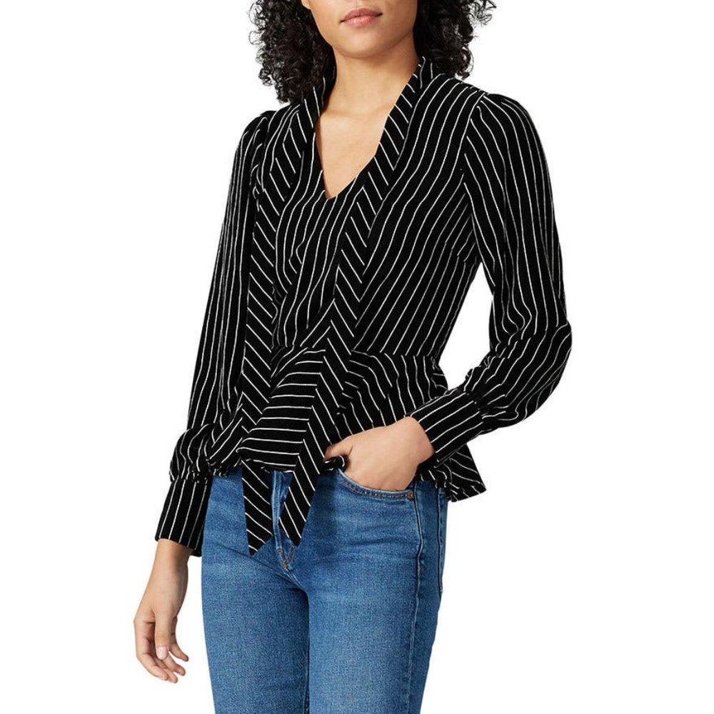 n12h Madison Velvet Tie Neck Peplum Hem Stripe Top